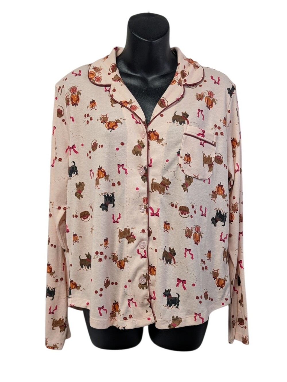 Karen Neuburger Womens Pajama Top Size M Pink Dog Pumpkin Button Front